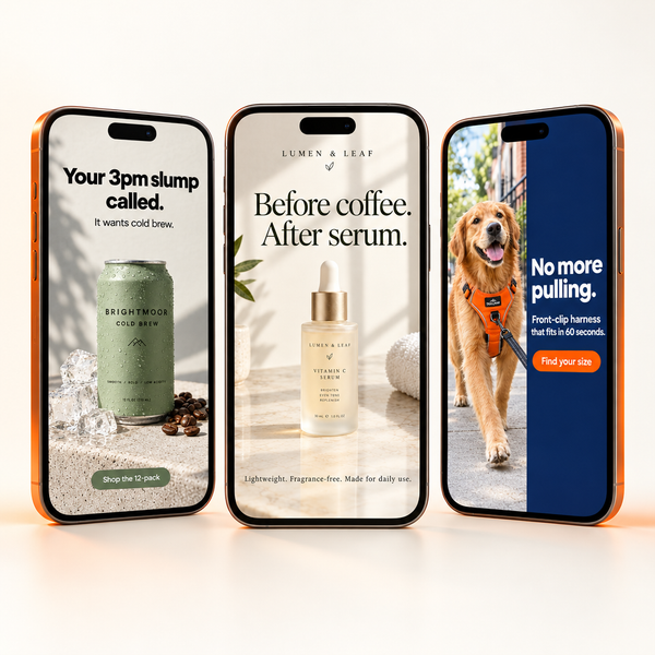 Three sample story ads on phones (concept brands)